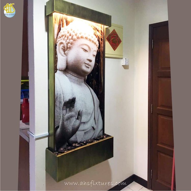 WWG-615 Buddha Art Glass Antique Gold Frame Wall Fountain 03