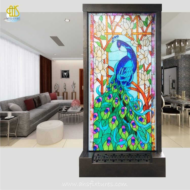Artistic Waterfalls - Unique Handcrafted Etching Glass Feng Shui Divider Floor Fountain - Peacock